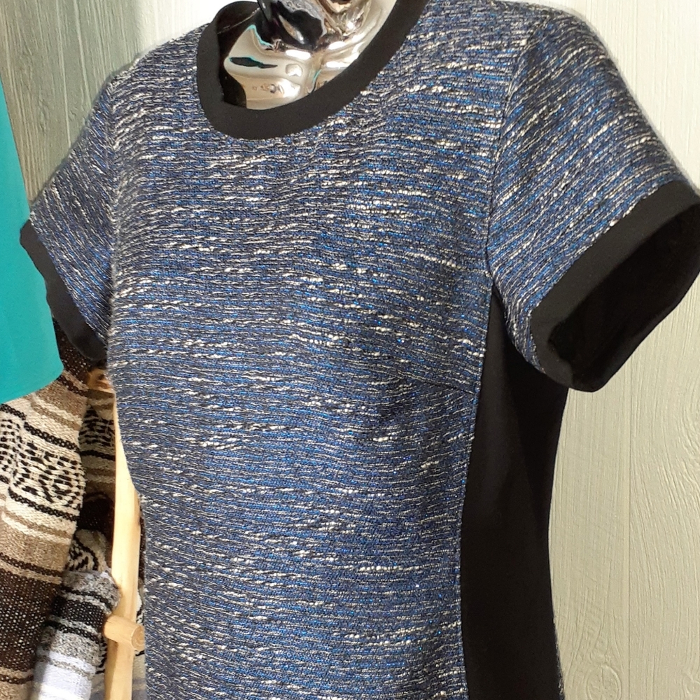 MADEWELL Shimmerweave Blue & Black Colorblock Short Sleeve Sheath Minidress - Picture 3 of 6